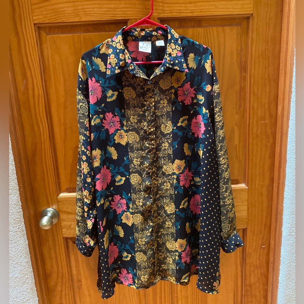 Katy D Kathryn Deene Shirt Women 18/20 Plus Size Button Black Floral Gold Stripe